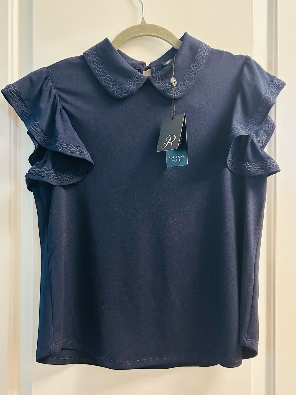NEW Adrianna Papell Navy Ruffle Sleeve Peterpan Collar Blouse